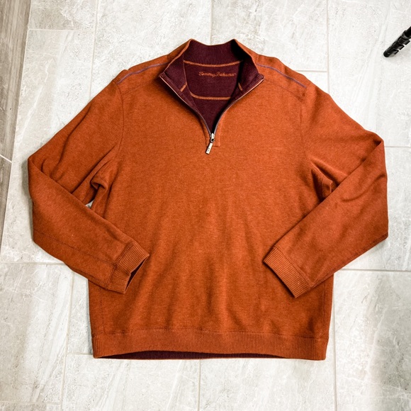 Tommy Bahama Flip Side Orange Burgundy Reversible 1/4 Zip Long Sleeve Sweater - Picture 5 of 11
